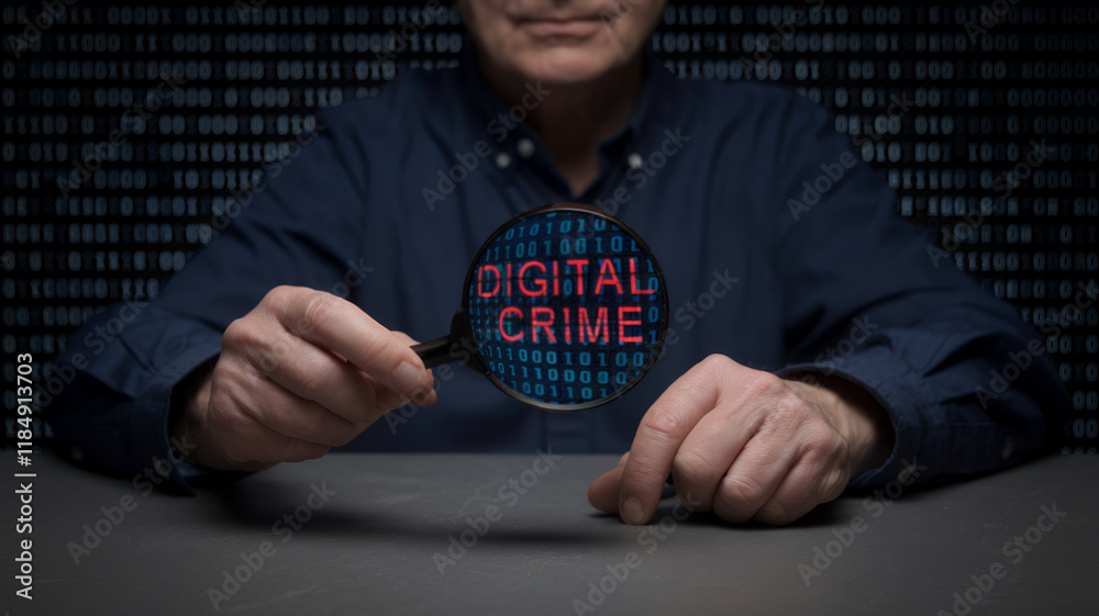 Poster Businessman Holding Magnifying Glass Analyzing Binary Code with Red Digital Crime Text for Security Focus