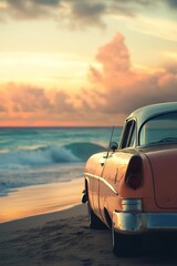Obraz premium vertical image red retro car is parked on the beach with the ocean in the background at sunset or sunrise