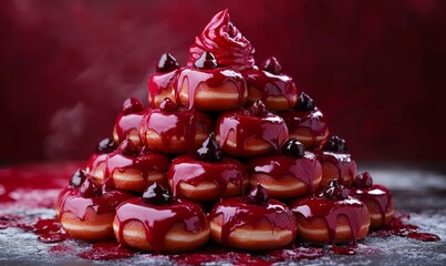 A majestic pyramid of sugary delights topped with a generous dollop of crimson frosting , donuts, red, desserts