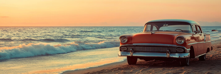 banner of red retro car is parked on the beach with the ocean in the background at sunset or sunrise