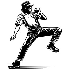 Silhouette of a young boy breakdancing, wearing casual slacks, suspenders, and a flat cap, full-body view, solid black silhouette on a pure white background