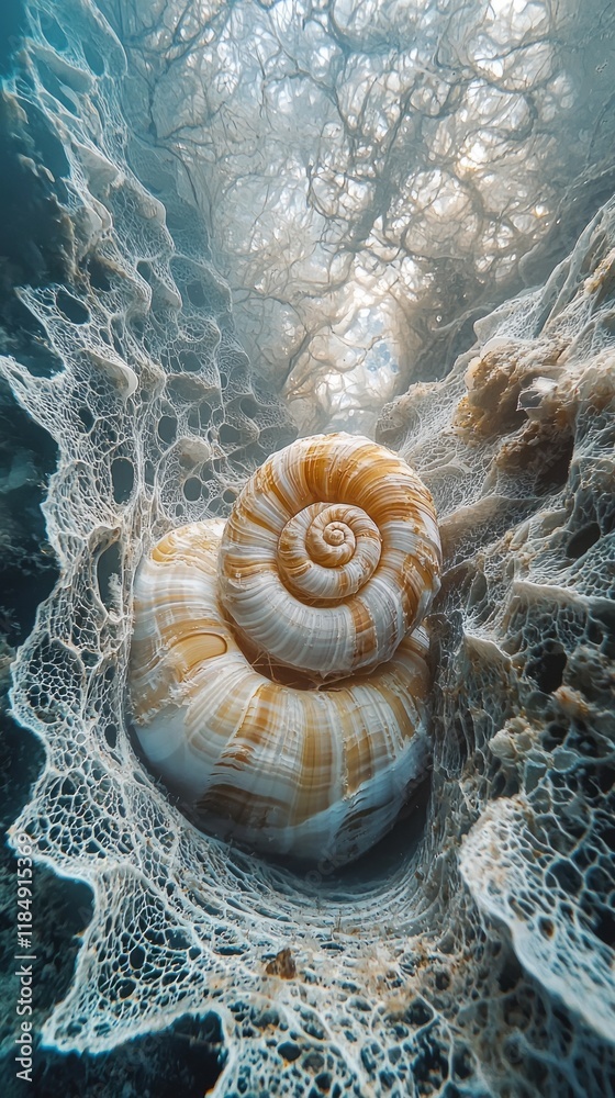 Poster Nestled within enchanting underwater flora, a stunning spiral shell captivates with its intricate patterns and colors. Sunlight dances through the ocean depths, illuminating this serene moment