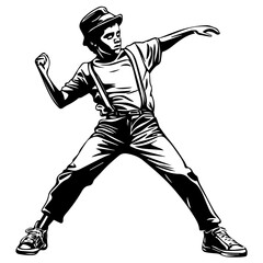 Silhouette of a young boy breakdancing, wearing casual slacks, suspenders, and a flat cap, full-body view, solid black silhouette on a pure white background