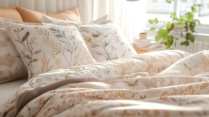 Close-up of a neatly made bed with floral bedding and pillows in soft, muted tones.