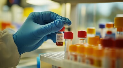 Gloved Hand Holds Sample Vial in a Science Lab: Medical Testing and Scientific Research