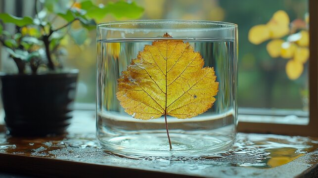 Single autumn leaf floats in glass of water on window sill.