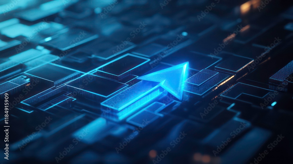 Poster Glowing blue arrow pointing upward on a dark technological background.