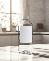 A clean, transparent plastic water bottle with a blank label, set against a sunlit kitchen backdrop.