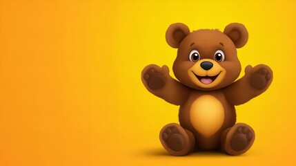 Obraz premium Adorable brown teddy bear sitting on a yellow background. Perfect for children's products!