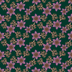 Seamless floral pattern, liberty ditsy print in delicate pastel colors. Pretty botanical design: small hand drawn flowers, little leaves, simple abstract bouquets on a light background