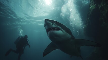 Fototapeta premium Great White Shark Underwater Encounter: A Diver's Thrilling Close Call