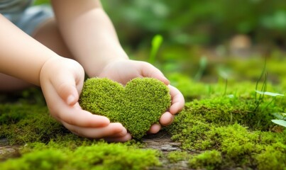 Eco Awareness, Child's Hands on Heart-Shaped Moss, Love for Nature
