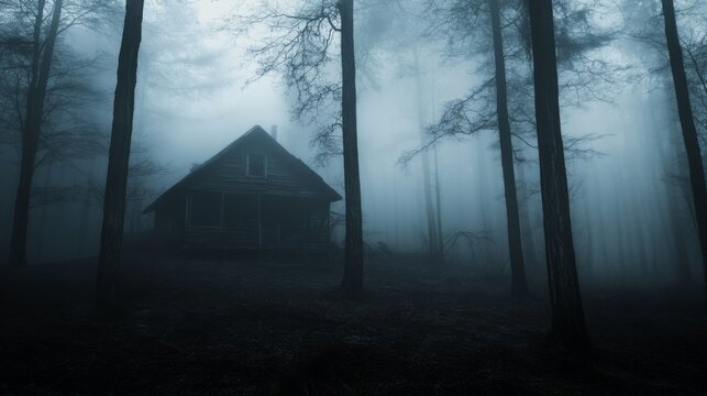 Eerie Cabin in a Foggy Forest: A Dark and Mysterious Landscape