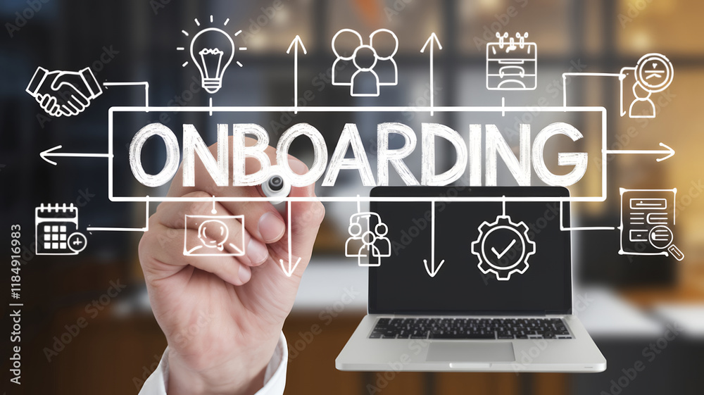 Poster creative onboarding business process concept designed to enhance employee integration and engagement