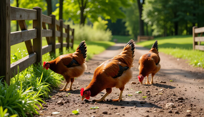 Fototapeta premium Chickens foraging on a dirt path in a sunny park