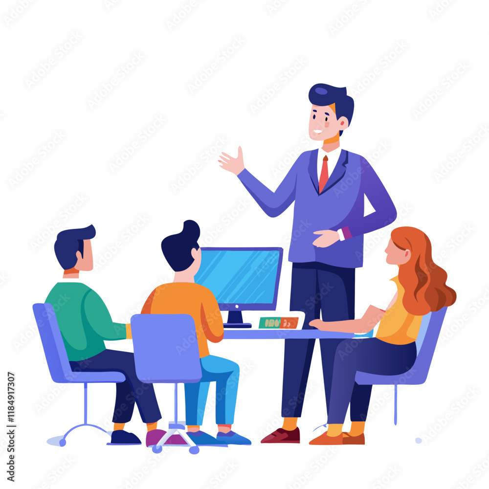 Poster a project manager is guiding a team through a meeting focused on project development. the team discu
