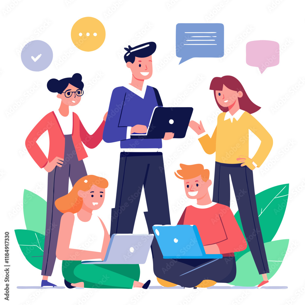 Poster a project manager works with a diverse team to review reports and engage in discussions. team member