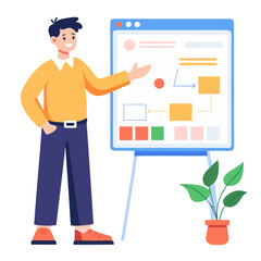 A project manager is actively pointing to a project plan displayed on a board, engaging with team members in a modern office setting during daylight hours