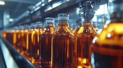 Industrial automation with focus on amber glass bottles being processed efficiently along a mechanized conveyor system.