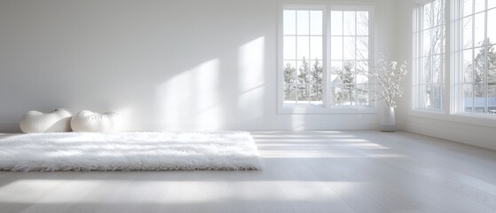 A white room with a white rug and a white wall