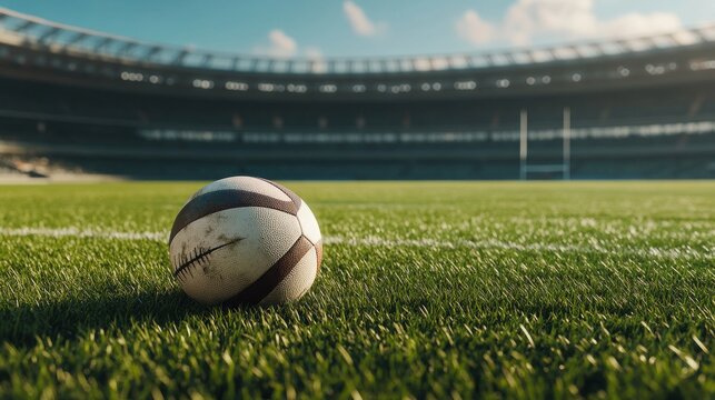 A close-up of a rugby ball resting on the vibrant green grass of a stadium field during a sunny day.