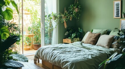 Serene Green Bedroom with Lush Plants and Natural Light