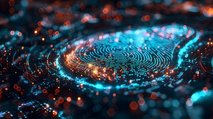 Digital fingerprint pattern illuminated with vibrant blue and orange lights at night