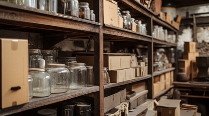 Fototapeta premium Vintage Glass Jars on Rustic Wooden Shelves in an Old Storage Room