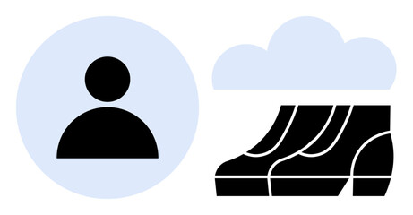 User icon in circle next to a cloud shape with data server racks. Ideal for cloud computing, user management, digital security, data storage, networking, IT services, online applications. Abstract