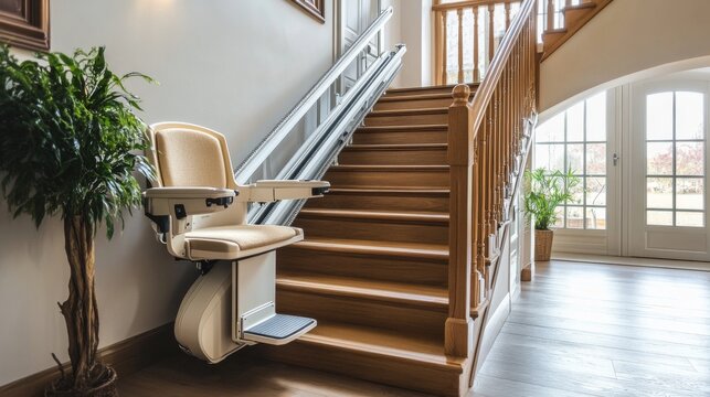 Modern Stairlift on Elegant Wooden Staircase: Enhancing Home Accessibility and Design - Powered by Adobe