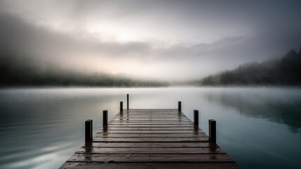 Obraz premium A serene wooden dock extends into a misty lake at dawn, enveloped in soft fog and pastel hues, creating a tranquil atmosphere.