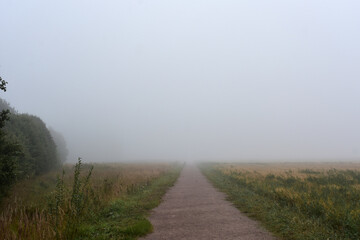 A foggy morning with a walking path leading through the mist, surrounded by fields on both sides, capturing the quiet beauty of early autumn