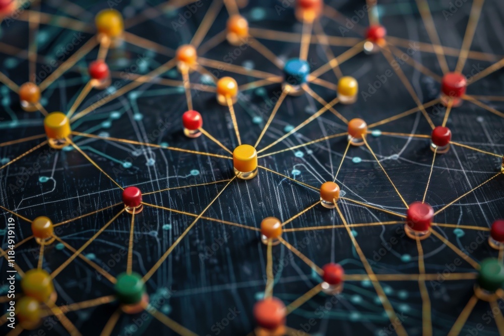 Poster colorful pins connected by golden threads symbolize data exchange and global networking