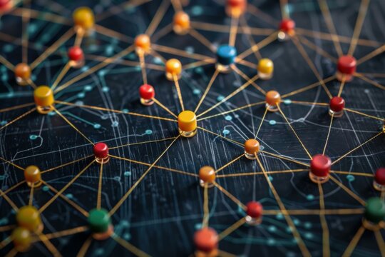 Colorful pins connected by golden threads symbolize data exchange and global networking