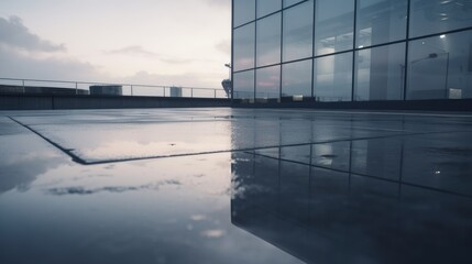 Fototapeta premium Symmetrical glass architecture highlighted by soft sunset reflections on water.