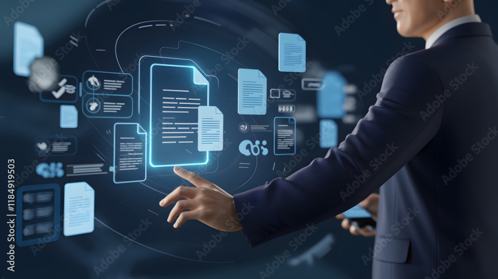 Poster businessman interacting with digital document icon for approving business project proposals online e