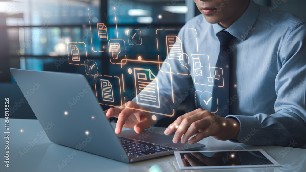 Aufkleber businessman touching approved document icon on digital documents for approving business project prop