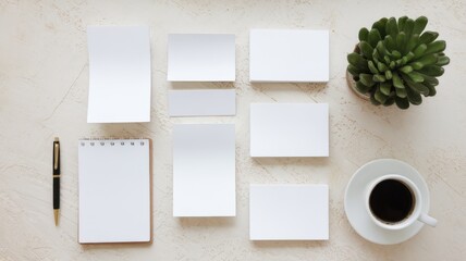 A minimalistic workspace featuring blank notepads, business cards, and a cup of coffee, creating a serene and organized atmosphere.