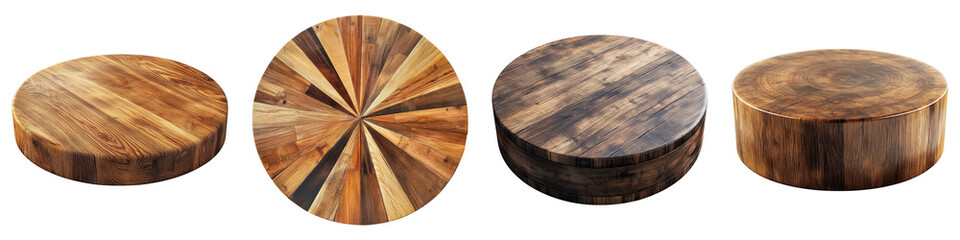 Circle shape wooden coffee table isolated on transparent background, Set of