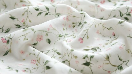 White floral fabric, soft drape, textile texture, close-up, background blur