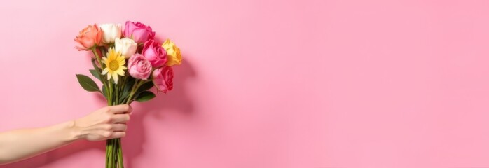 Obraz premium female hand with a bouquet of flowers on the left on a pink background, banner