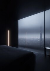A bedroom with a large window overlooking a city