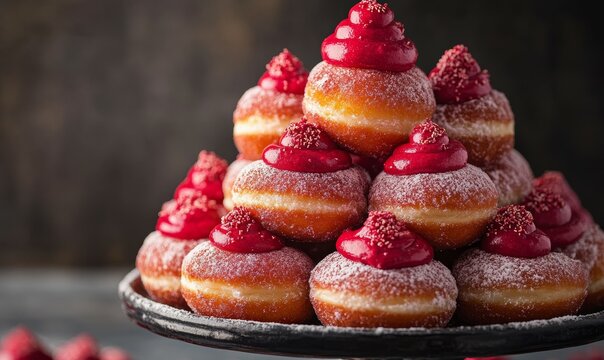 A majestic pyramid of sugary delights topped with a generous dollop of crimson frosting , donuts, red, desserts