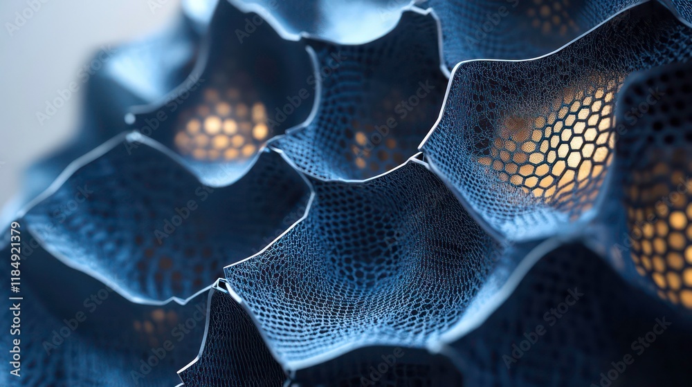Poster Abstract blue textured surface with honeycomb pattern and warm light.