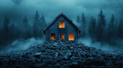 Eerie Abandoned House Surrounded by Fog and Rocky Terrain at Night