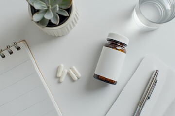 White pills with notebook and pen