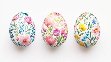 Colorful hand-painted decorative eggs with floral designs displayed together on a white background for spring festivities