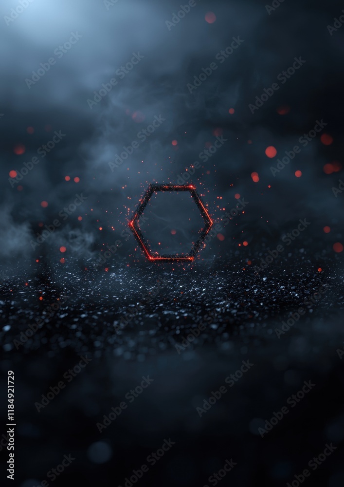 Poster a black and red hexagon is surrounded by a blurry, hazy background