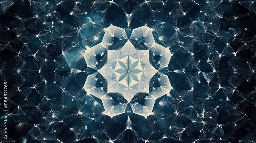 Poster Abstract kaleidoscope pattern with dark blue and light gray geometric shapes, creating a symmetrical design.