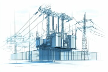 Power substation sketch, fenced enclosure, transmission towers.